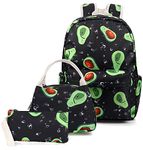 Avocado Backpack Set 3-in-1 Kids School Bag, Junlion Laptop Backpack Lunch Bag Pencil Case Gift for Teen Girls Womens Black