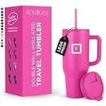 IRON °FLASK Co-Pilot 32 oz Insulated Tumbler w/Straw & Flip Cap Lids - Cup Holder Bottle for Hot, Cold Drink - Leak-Proof - Water, Coffee Portable Travel Mug - Pink Tulip