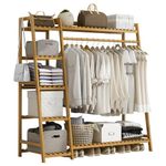 Baveke Bamboo Clothing Garment Rack 7 Tier Storage Shelf Coat Clothes Hanging Rack, Heavy Duty Portable Wardrobe Closet Organizer With Top Shelf, Shoe Storage Shelves for Bedroom (Natural - 130cm)