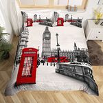 Feelyou London Duvet Cover Set Full Size, Famous Telephone Booth and The Big Ben Symbols Soft Red Grey Comforter Cover Set 3 Piece Bedding Set with 2 Pillow Shams, Zipper, Retro UK Theme