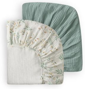 Blissful Diary Muslin Crib Sheets for Girl Boy, Boho Neutral Soft Cotton Baby Sheet for 52''x28'' Standard Crib Mattress, 2 Pack(Roman Green&Leaf)