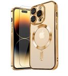 MH TECH Electroplated Case for iPhone 13 Pro Max Camera Lens Full Protection, Compatible with MagSafe Wireless Charging, Shockproof Soft TPU Phone Cover (Gold)