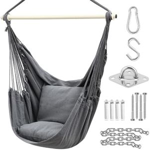 Hammock Chair Swing with Hardwares, Ohuhu XL Portable Hanging Chair with Cushions Installation Kit Detachable Metal Support Bar Side Pocket for Indoor Outdoor Patio Bedrooms