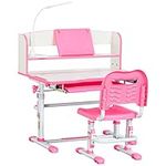 Qaba Kids Desk and Chair Set Height Adjustable Student Writing Desk Children School Study Table with LED Lamp, Bookshelf, Drawer, Reading Board, Pen Slot, Hook, Pink