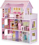 Suprills Wooden Pretend Play Dolls house Wooden Dolls House with 11pcs Furniture & Staircase Accessories, 3-Storey Large Dollhouse Playset for Girls Kids Role Play Toy Educational Gift