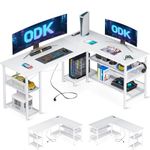 ODK L Shaped Gaming Desk, Reversible Computer desk with 2 Sockets and 2 USB Charging Ports, Corner Desk with Storage, Home Office Desk, White, 150 x 102 cm