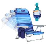 #WEJOY Folding Beach Chair for Adults, 4-Position Lightweight Beach Chair, Low Beach Chairs with Shoulder Strap, Cup Holder and Headrest, Supports 265lbs for Beach Lawn (Bluestrips)