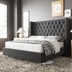 Jocisland King Bed Frame Upholstered Bed Wingback Headboard Velvet Tufted Diamond Button/No Box Spring Needed/Easy Assembly/Gray