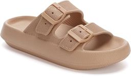 WHITIN Cloud Slides for Women Men EVA Foam House Adjustable Extremely Comfy Cushion Thick Sole Pillow Sandals Open Toe Massage Quick Drying Double Buckle Slippers Brown