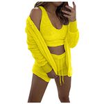 Women's Winter Plush Home Wear Casual 2 Piece Pajamas Long Sleeved Fluffy Hooded Jacket Open Front Coat And Shorts 2 Piece Set Suit Fashion Keep Warm Clothes Pyjamas For Women (No Vest) Yellow