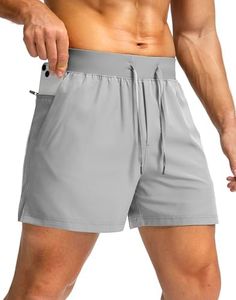 Soothfeel Men's Running Shorts with Zipper Pockets 5 Inch Lightweight Quick Dry Gym Athletic Workout Shorts for Men (Light Grey2, L)