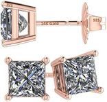 Central Diamond Center 14K Gold Posts & Sterling Silver Princess Cut CZ Stud Earrings - 5.5mm 2.00cttw - Rose Gold Plated