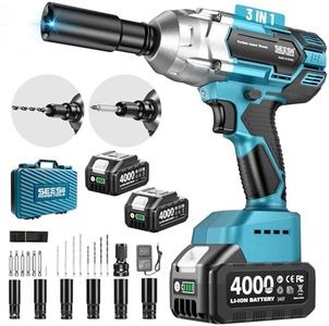 Seesii Brushless Power Impact Wrench, Cordless, 1/2 inch Max High Torque 479 Ft-lbs(650Nm), 3300RPM w/ 2x 4.0 Battery, 6 Sockets,9 Drill,6 Screws for Car Home, WH700