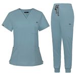 VIAOLI Scrubs for Women Set Scrub Top &Jogger Pant Workwear Clinical Modern Athletic Suit Medical Uniforms, Sky Blue, Large