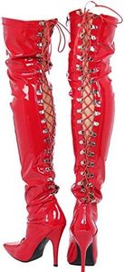 Womens Ladies Sexy Thigh HIGH Kinky Fetish Over The Knee Stiletto Heel Full Hook Lace up and Side Zip Boots Size UK 4-12, Red Patent, 8 UK