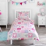 Bloomsbury Mill - Cot Bed Duvet and Pillow Set for Girls - Hearts and Butterflies Patchwork Kids Toddler Bedding - 120 x 150 cm