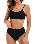 Minmaxmum Bikini for Women High Waist Bikini Bottom Two Piece Bathing Suits Adjustable Spaghetti Straps Bikini Top Swimsuits Ribbed Swimwear Black S