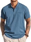 COOFANDY Collarless Henley Shirts for Men Short Sleeve Linen Cotton Beach Shirt Summer Fashion Mens T-Shirt Dark Blue