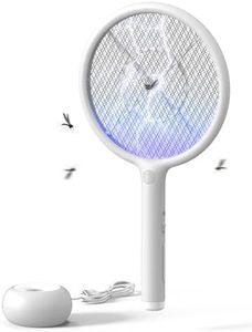 AROEVE Raquette Electrique Insectes, 4000V 2-en-1 Raquette Anti Moustique Electrique, Base de Chargement USB, Batterie Rechargeable 1200mAh, Mode d'attraction Auto, Lumière LED, Grille 3 Couches,Blanc
