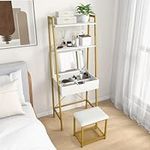 CHARMAID Ladder Vanity Desk Set - Makeup Vanity Table with Flip Top Mirror, Cushioned Stool, 4 Storage Compartments, Open Shelves, Girls Dressing Table for Small Space (White & Gold)