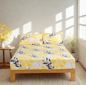 Tache Contemporary Watercolor Nature Printed Flower Pattern Spring Leaves Floral Bright Light Yellow Ivory Black Navy Blue Soft Microfiber 15" Deep Pocket Fitted Sheet, California King