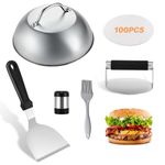 6pcs Burger Smasher Press Set Stainless Steel, Griddle Accessories Kit with Cheese Melting Dome, Spatula, Brush, Oil absorbing Paper und Castor, Burger Making Tools for Flat Top Grill Cooking