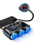 YANTU QC3.0 & PD 90W car charger adapter, 120W 3-Socket Cigarette Lighter adapter/Splitter with Blue Lights,12V usb socket with Double/Dual Plug/Port & Extension Lead for all Car Devices