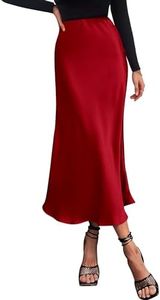 BTFBM 2025 Women Long Satin Summer Fall Skirt Silk Elegant High Waist Cocktail Party Wedding Flared A-Line Midi Skirts(Solid Dark Red, X-Large)