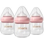 Oberni Glass Baby Bottle for Newborn Nursing Feeding, Wide Neck Anti-Colic with Slow Flow Food Grade Silicone Breast-Like Nipple, 4 Oz/120ml/0-3 Months, Pink/3Pack