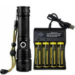 Bright Flashlight Torches, Zoomable,USB Rechargeable, 5 Modes-4 Slot Universal Battery Charger with Four 18650 Batteries, fit for 3.7V Batteries, Smart Charger for 18650 Rechargeable Batteries