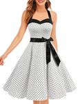 DRESSTELLS Women Vintage 1950s Cocktail Prom Polka Dot Dress, 50s 60s Retro Pinup Formal Wedding Party Halter Rockabilly Swing Dress White Small Black Dot L