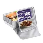 MATANA - 100 9" Aluminium Tin Foil Roasting Trays with Lids 23cm / 1300ml - Square Cooking Baking Broiling Oven Freezer Safe Tray for Party Food Serving Takeaway Storage Catering Containers with Lids