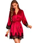 RSLOVE Women Satin Robe Lace Trim Kimono Dressing Gown Silk Bridal/Bridesmaid Robe Wine Red XX-Large