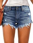 Necooer Womens Denim Shorts Summer Mid Waist Hem Ripped Stretchy Distressed Denim Shorts (Small, Blue)