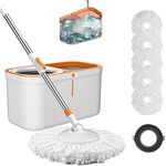 Floor Spin Mop and Bucket Set with Wringer System Extended Stainless Steel Handle 61＂for Home Floor Cleaning Use with 5 Replacement Head Refill and 1 Cleaning Brush Head