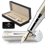 Wordsworth & Black Fountain Pen Set, Extra Fine Nib, Includes 24 Ink Cartridges and Ink Refill Converter Gift Box, Journaling, Calligraphy, [Silver Chrome]