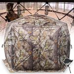 Extra Large Hunting Blind 4 Person with Portable Hunting Chair, 288 Degree See Through Pop up Ground Blinds for Deer Turkey Duck Hunting, Bow Hunting Adjust Windows with Silent Zipper