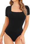 JUEYUN Women Square Neck Bodysuits Short Sleeve Bodysuit Sexy Slim Fit Body Suit Jumpsuit Basic Shirt Tops,Black,S