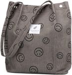 Kawn® Women Corduroy Tote Bag Canvas Shoulder Purse Reusable Shopping Bag Grocery Bag Large Capacity Washable Handbag Girls Shoulder Bag with Inner Pocket For Daily Use Work Travel (Smiley Dark Grey)