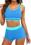 Holipick Women's Sporty Bikini Sets Two Piece Color Block Swimsuit Bathing Suits with High Waisted Boy Shorts Bottom, Blue, Large