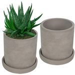 BELLE VOUS 2 Pcs 10CM Plant Pots Indoor with Drain Hole - Cement Succulent Planter Pots Indoor - Cactus Plant Pot - Small Plant Pot with Removeable Saucer for Homes, Gift, Offices & Windows