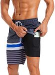 difficort Mens Swim Trunks with Compression Liner Quick Dry Bathing Suits Shorts with Zipper Pockets,Gray & White & Blue Stripe,Medium