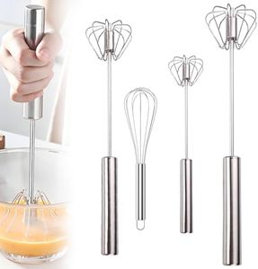 Set of 4 Semi-Automatic Stainless Steel Whisks, Rotating Push Mixer, Simple Half Automatic Whisk, Kitchen Accessories, Stirrer for Whisking Whisk