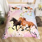 Homemissing Single Horse Duvet Cover Girl Farmhouse Flowers Bedding Set Room Cherry Blossom Pegasus Decoration Set Duvet Cover Pink Sparkling Wildlife