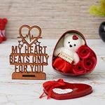 eCraftIndia My Heart Beats Only For You Wooden Showpiece & Heart Shaped Gift Box Teddy Roses- Valentine Gift for Girlfriend Boyfriend Husband Wife- Valentine Day Gifts- Valentine Day Decoration Items