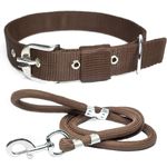 VIPCOLLECTION Dog Collar & Rope Leash Set Adjustable Comfortable for Training Walking and Running for All Breeds (1.25 Inch Large, Brown)