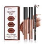 QIUFSSE 3 in 1 Brown Lip Gloss and Lip Liner Lipstick Set Nude Lip Liner Set Long-lasting Nonstick Cup Lip Kit Moisturizing Lip Set for Women (05# Whiskey Honey)