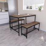 Vida Designs Roslyn 4 Seater Dining Table With 2 Benches, 3 Piece Set, Dining Room Furniture Solid Metal Frame (Dark Wood)