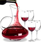 BINZO Glass Crystal Cut Wine Decanter Set with 4 Glasses, Handle, 1500 ml Decanter, 300 ml Glass, Premium Red Wines Carafe, Gift,