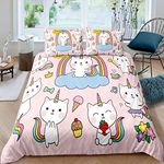 Kids Unicorn Cat Bedding Set Full, Cute Unicorn Comforter Cover for Girls Teens, Cartoon Magical Animal Decor Duvet Cover, Gift for Nursery Sweet Icecream Rainbow Print Bedspread Colorful